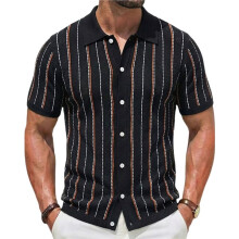 Herren-Strickcardigan mit Vertikalen Streifen und Kurzen Ärmeln Schwarz L