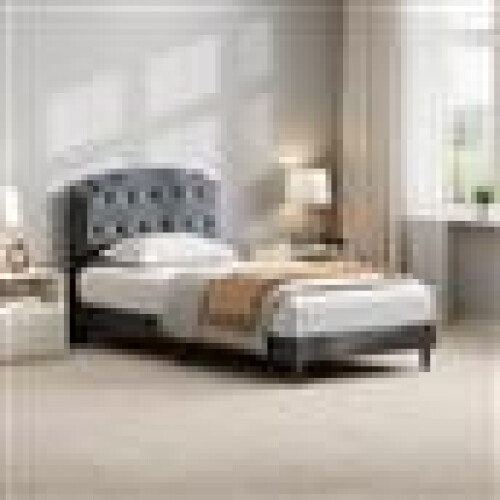 MCC (SINGLE, GREY) Upholstered Bed Frame with Cozy Button Tufted Headboard & Adjustable Height, Wood Slat Support CHELSEY 1
