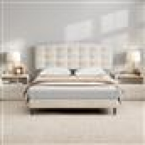MCC (DOUBLE, BEIGE) Upholstered Bed Frame with Cozy Button Tufted Headboard & Adjustable Height, Wood Slat Support CHEYENNE 1