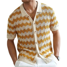 Heren Gebreid Shirt met Korte Mouwen, Golvend en Gestreept, met Open Details Geel L