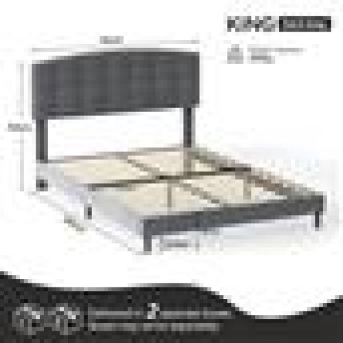 MCC (KING, GREY) Upholstered Bed Frame with Cozy Button Tufted Headboard & Adjustable Height, Wood Slat Support CHEYENNE 2