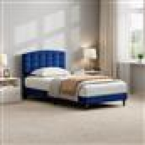 MCC (SINGLE, BLUE) Upholstered Bed Frame with Cozy Button Tufted Headboard & Adjustable Height, Wood Slat Support CHEYENNE 1