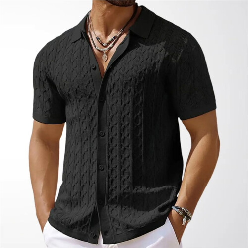 Herren-Kurzarm-Strickhemd mit Vertikalem Jacquardmuster Schwarz L 1