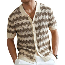 Heren Gebreid Shirt met Korte Mouwen, Golvend en Gestreept, met Open Details Bruin M