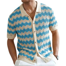 Heren Gebreid Shirt met Korte Mouwen, Golvend en Gestreept, met Open Details Blauw XXXL
