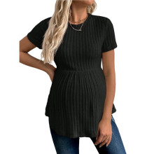 Dames Zwangerschaps-T-Shirt met Ruches aan de Zoom, Korte Mouwen, Ronde Hals, Geribbelde Gebreide Peplum Zwart L