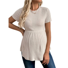 Dames Zwangerschaps-T-Shirt met Ruches aan de Zoom, Korte Mouwen, Ronde Hals, Geribbelde Gebreide Peplum Abrikooskleur XL