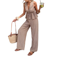 Kvinnors 2-Delade Set Kläder Gingham Rutigt Snörning Tanktops Vida Byxor Matchande Lounge Set Brun L