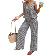 Kvinnors 2-Delade Set Kläder Gingham Rutigt Snörning Tanktops Vida Byxor Matchande Lounge Set Svart Rutigt M