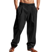 Casual Broek met Trekkoord voor Heren, Linnenmix Zwart L