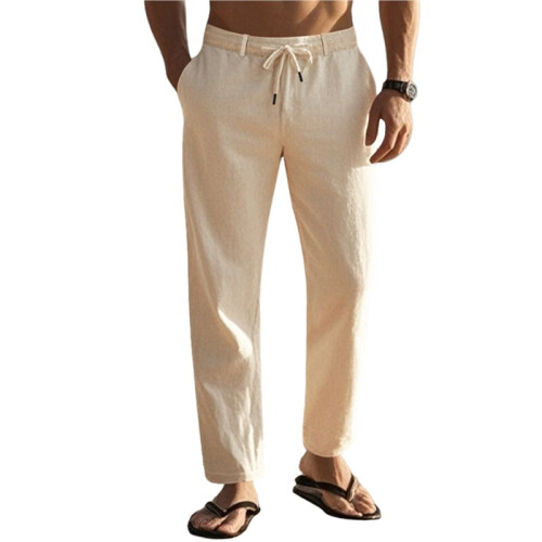 Mens Linen Blend Drawstring Casual Pants Khaki S
