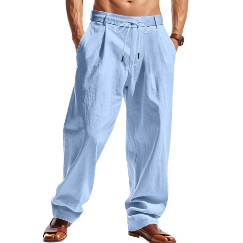 Mens Linen Blend Drawstring Casual Pants Light  M