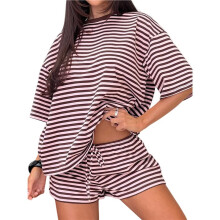 Twee-Delige Sets voor Vrouwen Zomer Gestreepte 3/4 Mouw Tops en Elastische Taille Korte Pyjama Lounge Roze Koffie XL