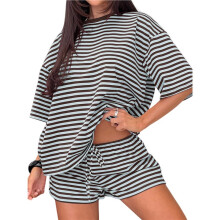 Twee-Delige Sets voor Vrouwen Zomer Gestreepte 3/4 Mouw Tops en Elastische Taille Korte Pyjama Lounge Blauwe Koffie M