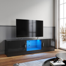 (High Gloss Black) Elegant 150cm TV Unit with LED Lights, High Gloss TV Stand with Open Storage, Side Cabinets & Glass Shelf, Modern Lowboard