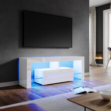 (High Gloss White) Elegant 140cm High Gloss TV Cabinet with LED Lights, Drop-Down Storage Cabinet and Tempered Glass Shelf, Modern TV Stand Media Unit
