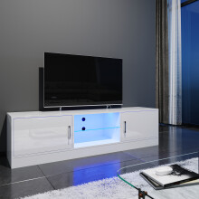 (High Gloss White) Elegant 150cm TV Unit with LED Lights, High Gloss TV Stand with Open Storage, Side Cabinets & Glass Shelf, Modern Lowboard