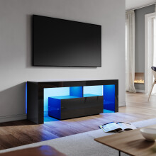 (High Gloss Black) Elegant 140cm High Gloss TV Cabinet with LED Lights, Drop-Down Storage Cabinet and Tempered Glass Shelf, Modern TV Stand Media Unit