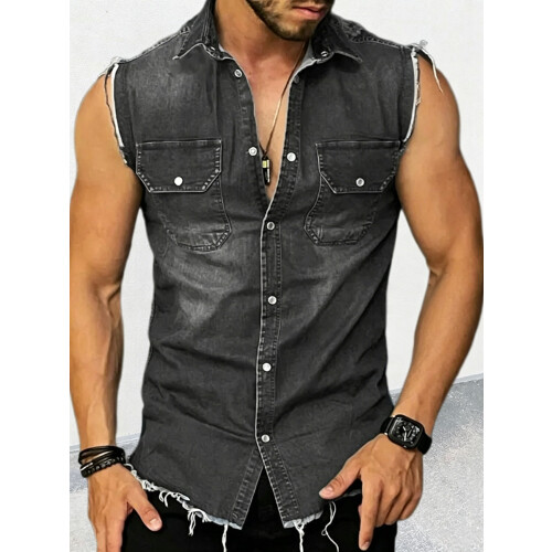 Mens Sleeveless Distressed Denim Shirt Black L 1