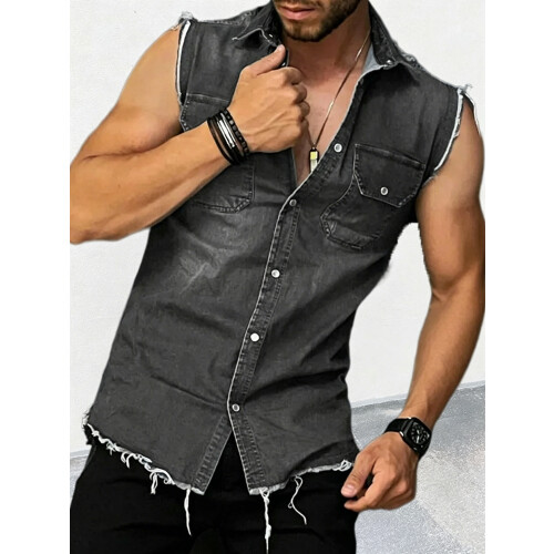 Mens Sleeveless Distressed Denim Shirt Black L 2