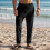 Mens Linen Blend Drawstring Casual Pants Black L 3
