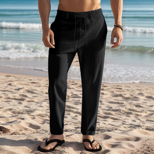 Mens Linen Blend Drawstring Casual Pants Black M 2