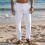 Mens Linen Blend Drawstring Casual Pants White S 3