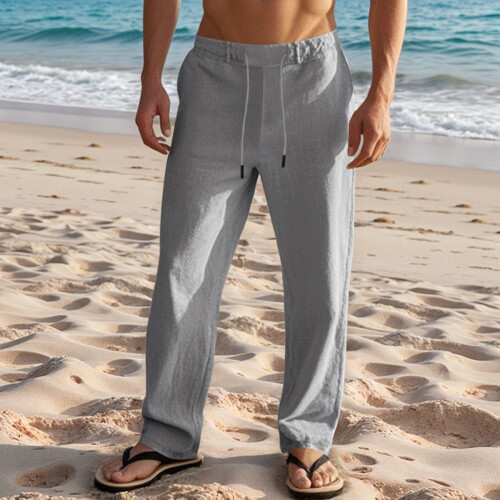 Mens Linen Blend Drawstring Casual Pants Dark Gray L 2