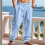 Mens Linen Blend Drawstring Casual Pants Light  M 2