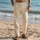 Mens Linen Blend Drawstring Casual Pants Khaki S 2