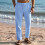 Mens Linen Blend Drawstring Casual Pants Light  M 3