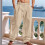 Mens Linen Blend Drawstring Casual Pants Khaki L 3