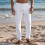 Mens Linen Blend Drawstring Casual Pants White XXL 3