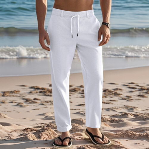 Mens Linen Blend Drawstring Casual Pants White XXL 2