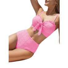 Dames Bikini Set met Schelpstructuur, Geknoopte Voorkant, 2-Delige Badpakken met Ruches Roze XXL