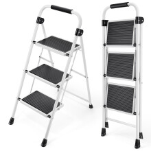 KINGRACK 3 Step Folding Ladder With Non-Slip Wide Pedal, Handle, Sturdy Steel Construction - Lightweight and Portable, White