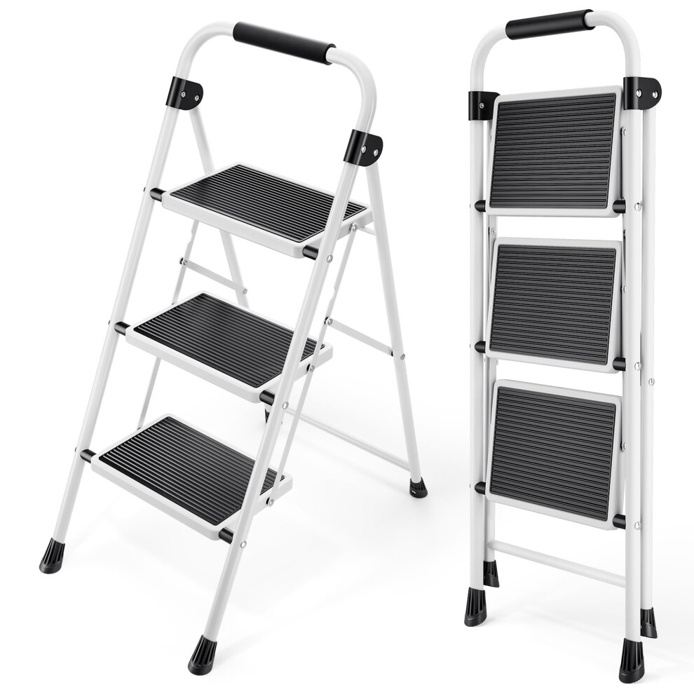 Kingrack 3 Step Folding Ladder With Non-Slip Wide Pedal, Handle, Sturdy Steel Construction - Lightweight And Portable, White 5051227633699