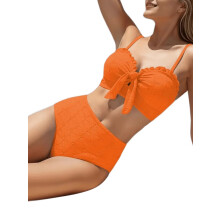 Dames Bikini Set met Schelpstructuur, Geknoopte Voorkant, 2-Delige Badpakken met Ruches Oranje XXL
