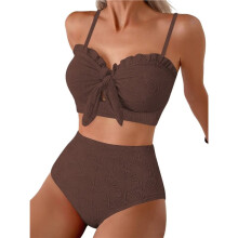 Dames Bikini Set met Schelpstructuur, Geknoopte Voorkant, 2-Delige Badpakken met Ruches Koffie XS