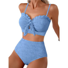 Dames Bikini Set met Schelpstructuur, Geknoopte Voorkant, 2-Delige Badpakken met Ruches Marineblauw XS