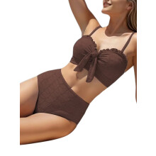 Dames Bikini Set met Schelpstructuur, Geknoopte Voorkant, 2-Delige Badpakken met Ruches Koffie XXL