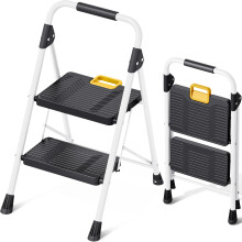 KINGRACK 2-Step Folding Ladder,330LBS Step Stool,Safety Lock,Wide Non-Slip Pedals & Handrail,Lightweight White Household Ladder for