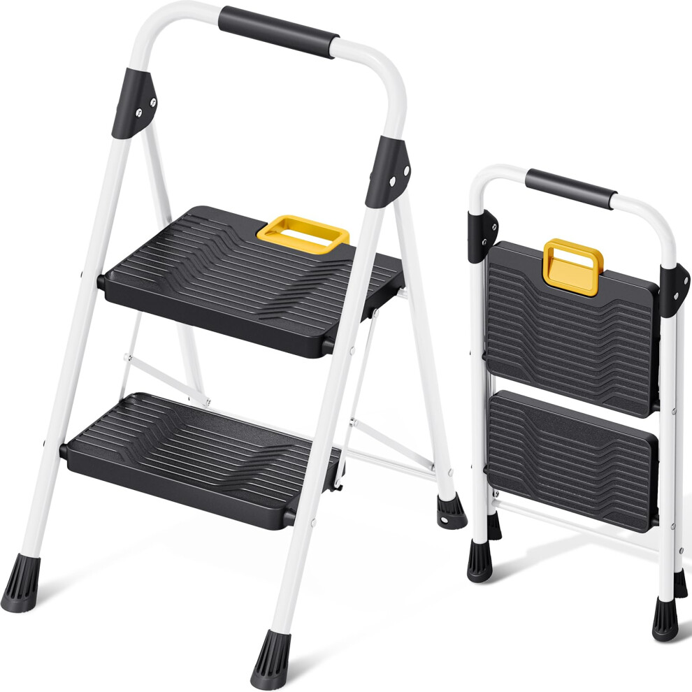 Kingrack 2-Step Folding Ladder,330Lbs Step Stool,Safety Lock,Wide Non-Slip Pedals & Handrail,Lightweight White Household Ladder For 5051227633743