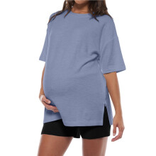 Dames Zwangerschapsshirt met Losse Pasvorm en Korte Mouwen met Zijsplit Blauw XXL