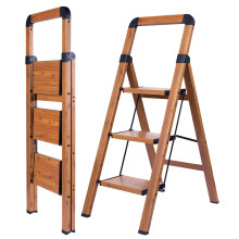 BIBKOKE Step Ladder 3-Step Woodgrain Finish Aluminum Folding Ladders