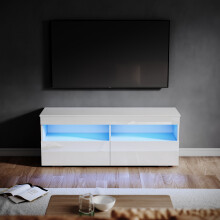 (High Gloss White) Elegant 120cm High Gloss TV Cabinet with LED Lights, 2 Flip-Down Doors and Open Storage Shelves, Freestanding TV Stand Media Unit