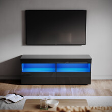 (High Gloss Black) Elegant 120cm High Gloss TV Cabinet with LED Lights, 2 Flip-Down Doors and Open Storage Shelves, Freestanding TV Stand Media Unit