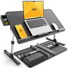 Laptop Bed Table, SAIJI 100% Eco-friendly wooden planks, Laptop Stand with Drawer, Folding Legs, 40kg Load, Angle Height Adjustable, Reading