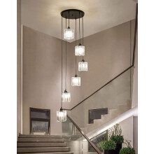 Staircase Chandelier Ceiling Lighting Clear Crystal Cylinder Modern Pendant Light Height Adjustable Black Metal Stairs Long Hanging Lamp for Dining