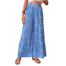 Women Lapel Plaid Pattern Loose Straight Casual Long Pants L